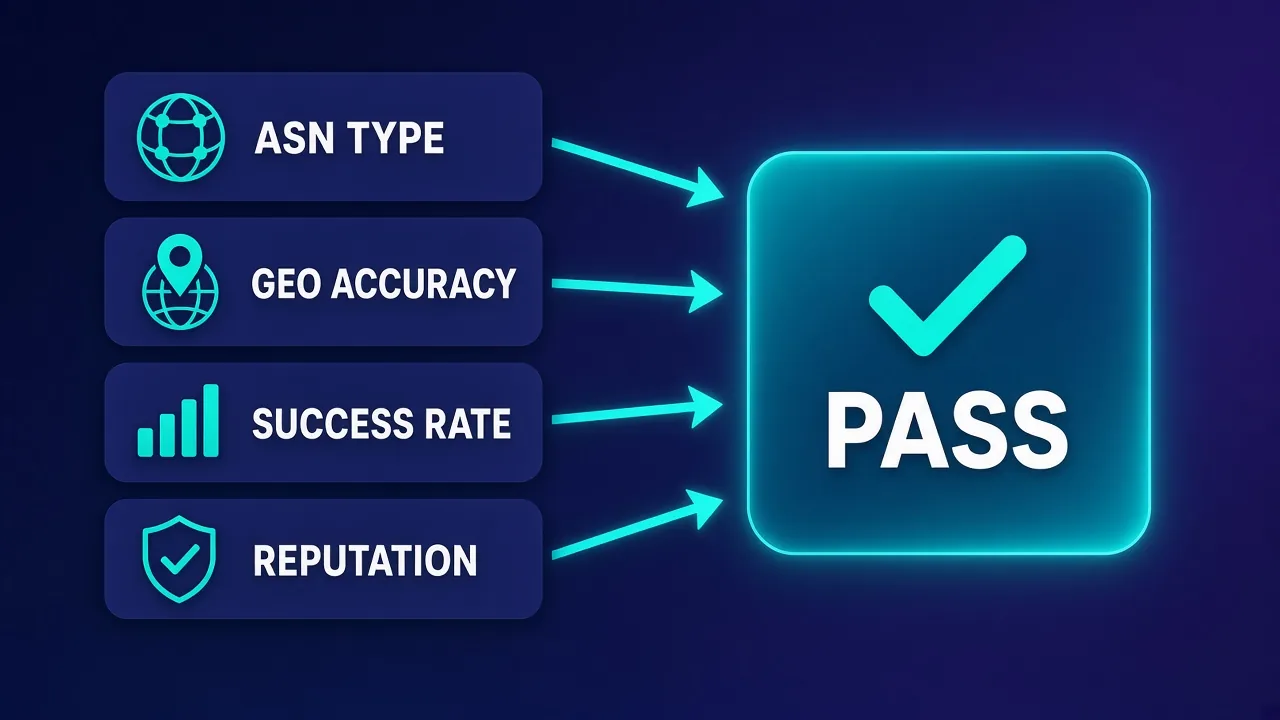 Diagram of four IP quality checks — ASN type, geo accuracy, success rate and reputation — feeding into a pass result