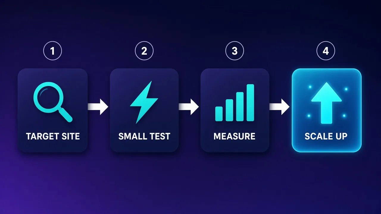 Four-step trial flow: target site, small test, measure, scale up