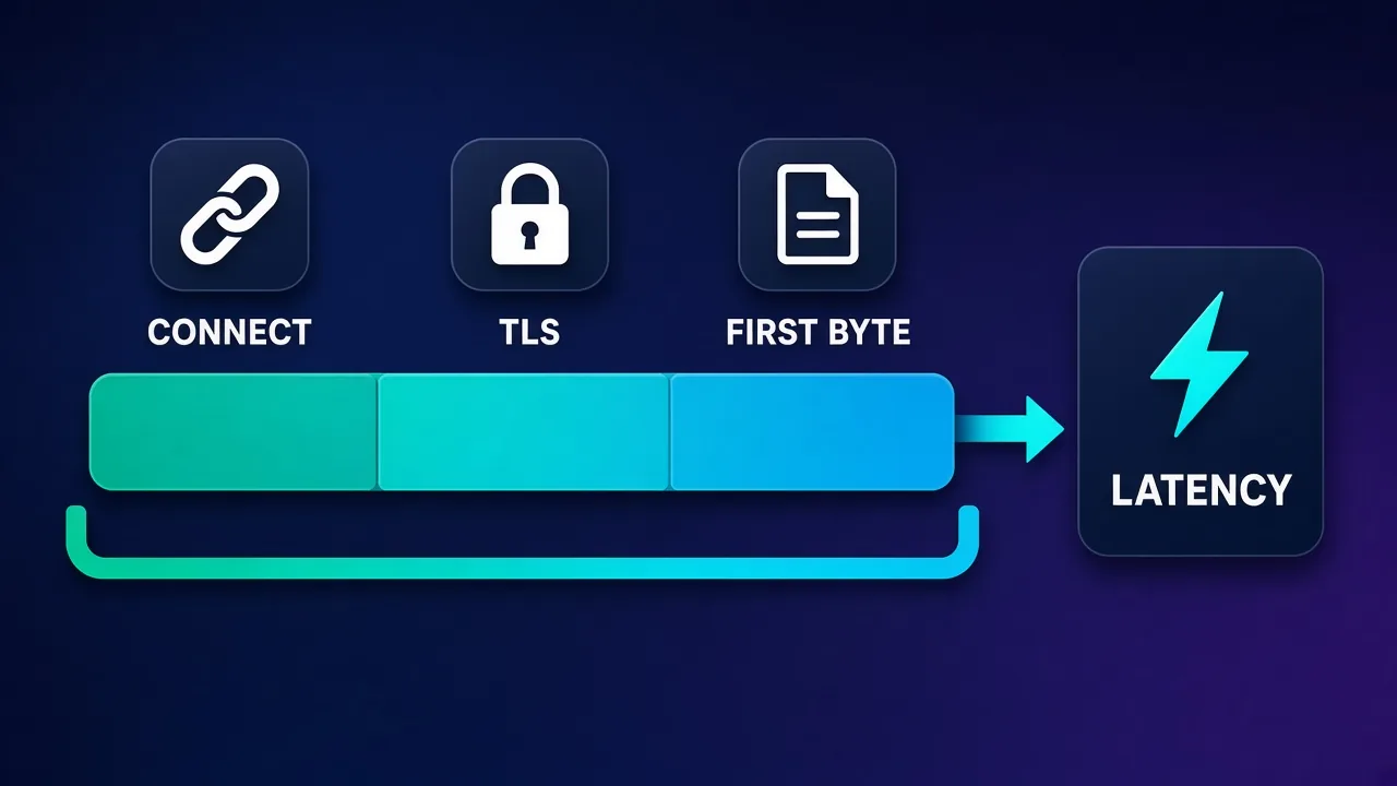 Timeline bar split into three segments labeled CONNECT, TLS and FIRST BYTE, bracketed together and pointing to a card labeled LATENCY
