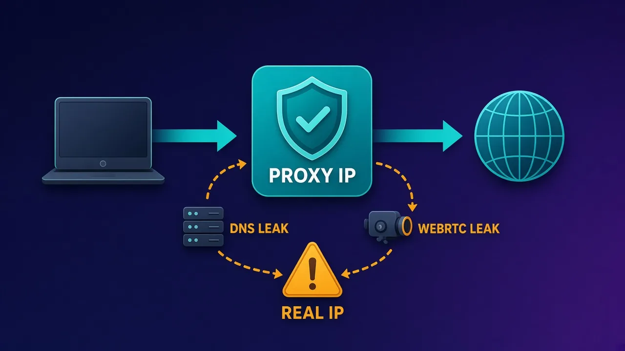 Laptop traffic flows through a shield labeled PROXY IP to a globe, while dashed amber arrows from DNS LEAK and WEBRTC LEAK bypass it to a warning sign labeled REAL IP