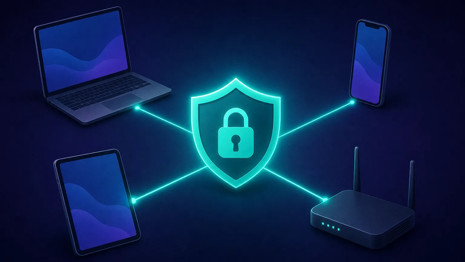 A central VPN shield connected outward to several device types — laptop, phone, tablet and router — showing one VPN protecting many devices