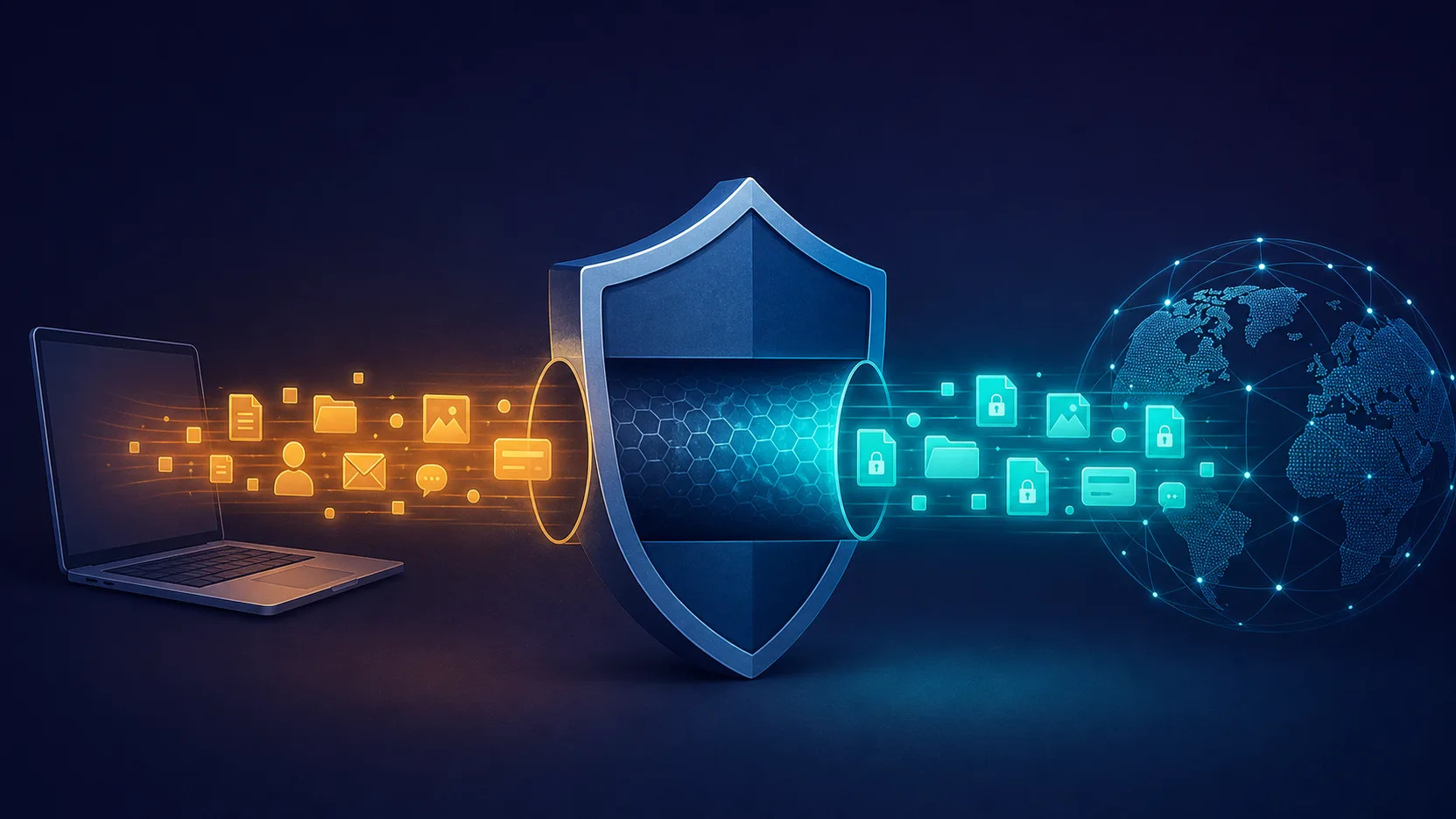 Data leaving a device exposed and amber, passing through an encrypted tunnel, and emerging protected and teal on the internet side