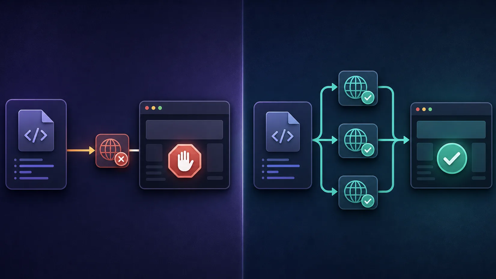 A two-sided split: on the left one script hitting a site from a single IP and being stopped by a warning in amber, on the right the same script spread across several IPs reaching the site with a check in teal
