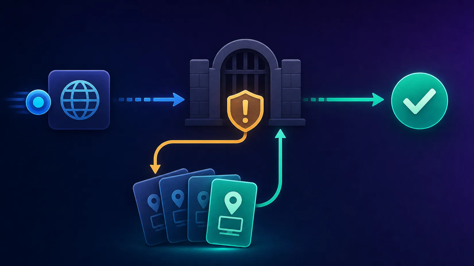 A flow with a loop: a request hits a gate and is stopped by an amber warning, loops back to pick a fresh IP card, then passes the gate to a teal success check