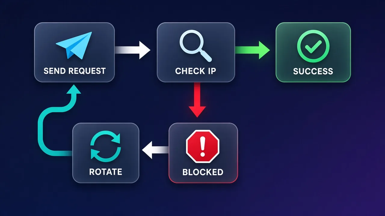 Retry and rotate request loop Request loop labeled SEND REQUEST, CHECK IP, BLOCKED, ROTATE and SUCCESS