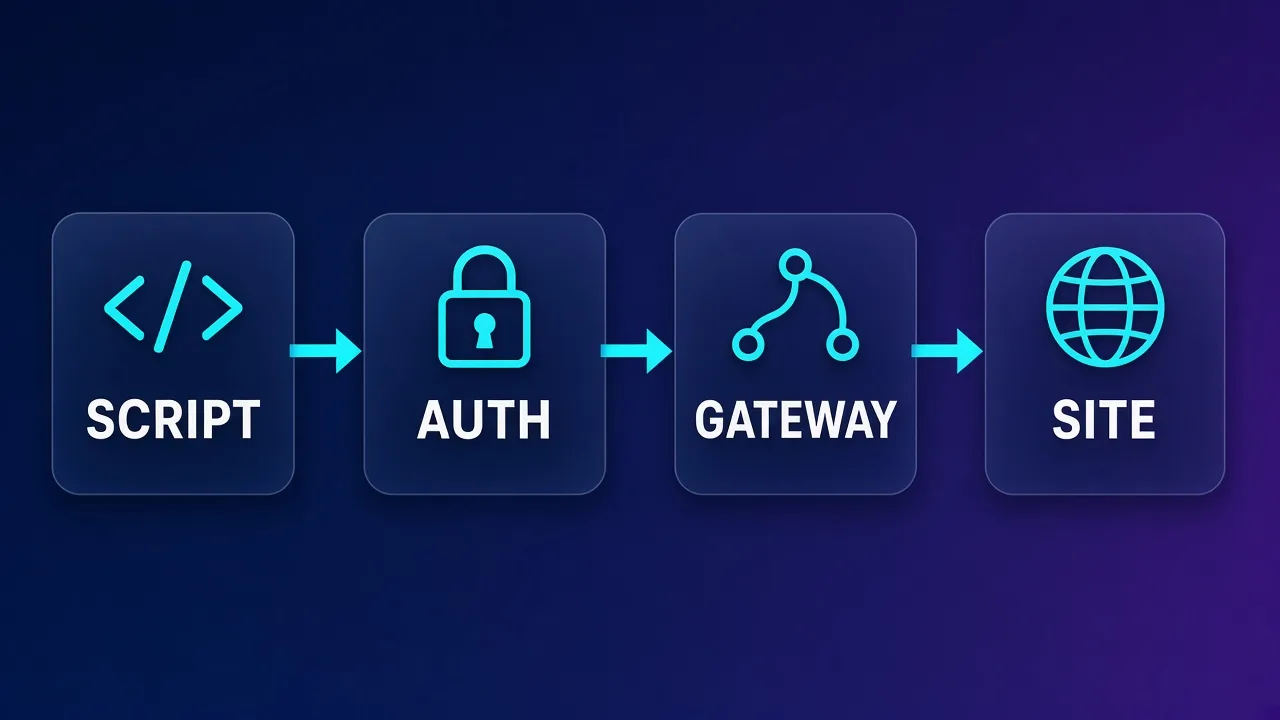 Flowchart showing Selenium script connecting through authenticated proxy gateway to target website with labeled steps Script, Proxy, Target
