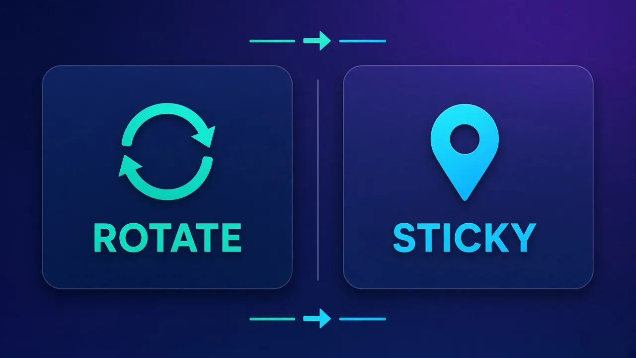 Split comparison diagram of rotating proxy pool versus sticky session with labels Rotate and Sticky