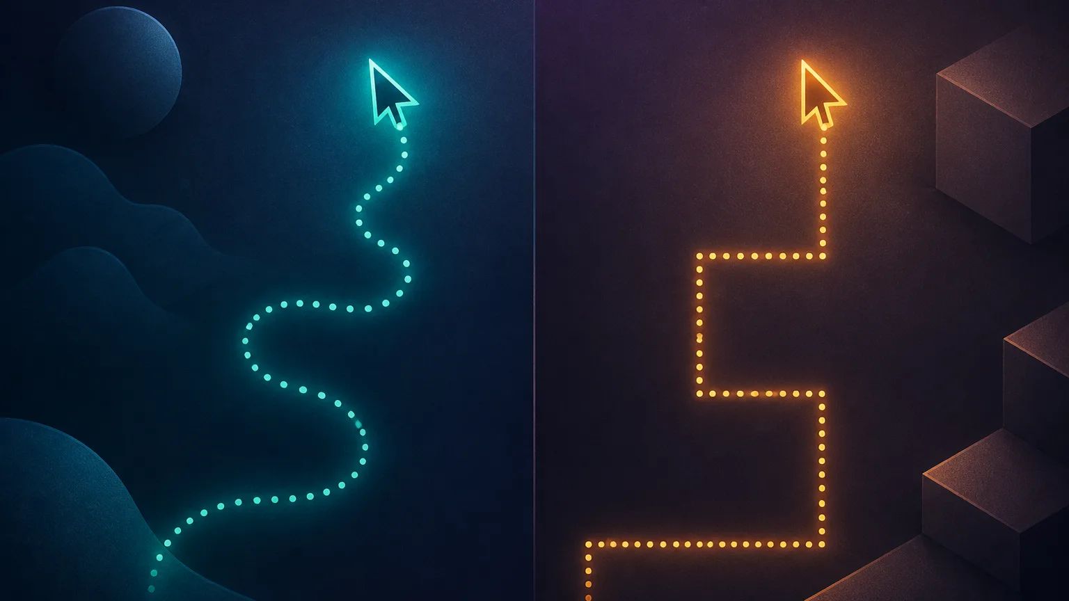 A two-sided split showing a smooth curved organic cursor path on the teal human side versus a rigid perfectly straight path on the amber bot side