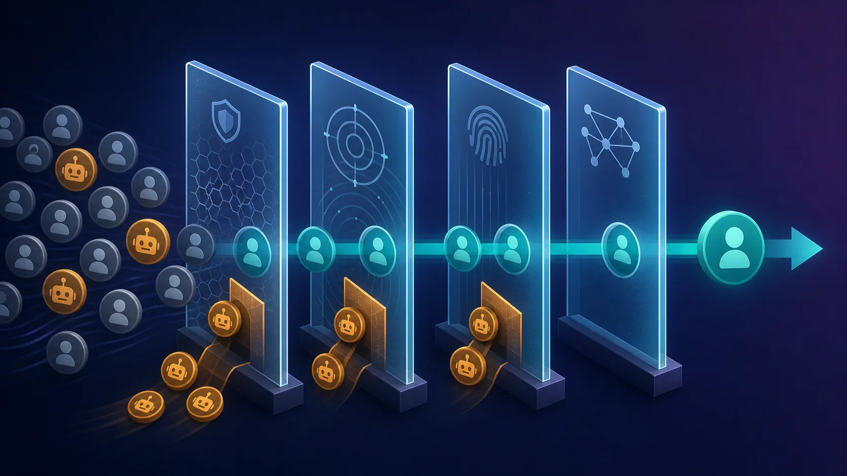 A single request token passing left to right through several stacked detection gate panels, with amber bot markers stopped at gates and a teal token passing all of them