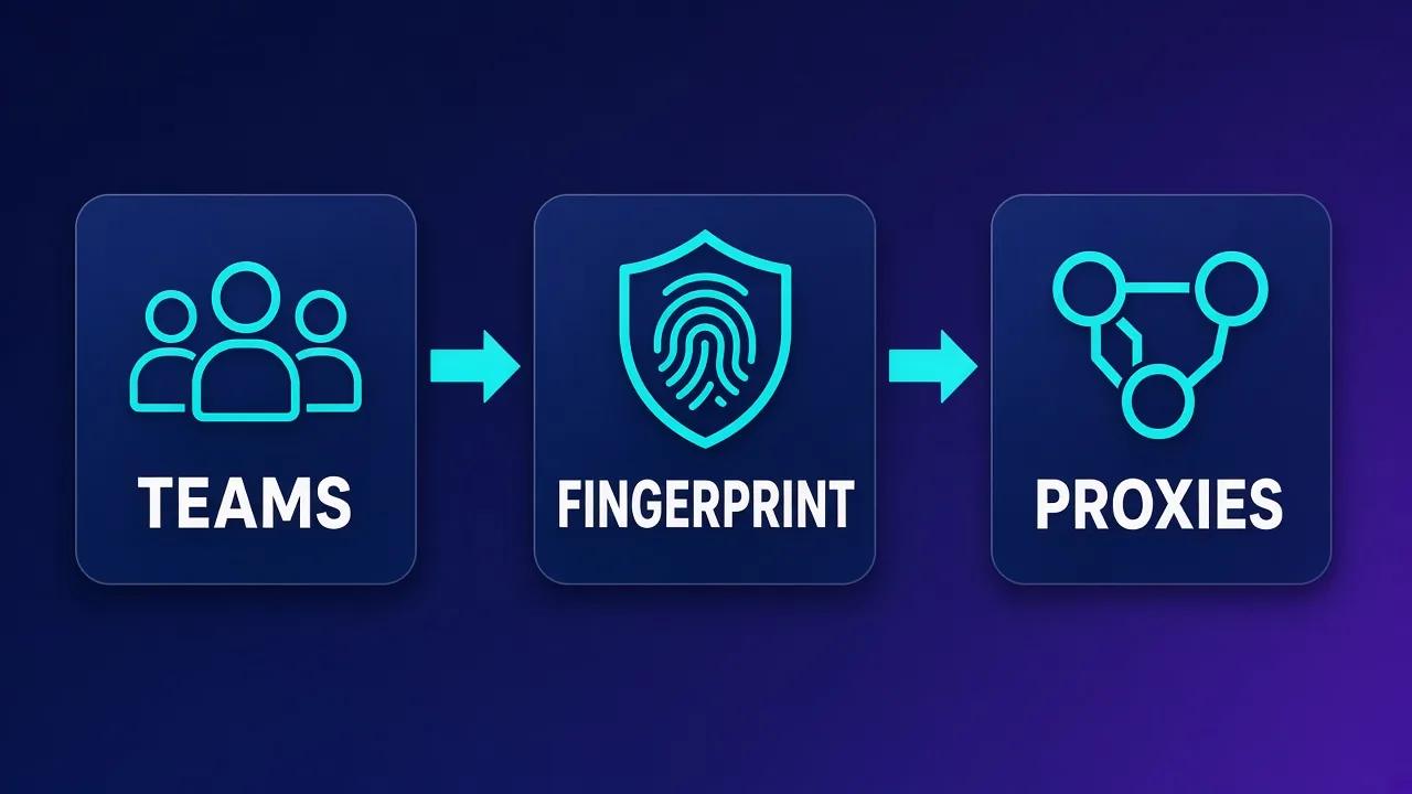 Split comparison diagram labeled TEAMS, FINGERPRINT, and PROXIES for Multilogin versus AdsPower decision factors