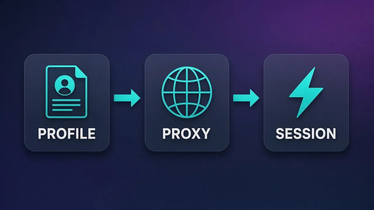 Flowchart diagram labeled PROFILE to PROXY to SESSION showing antidetect browser proxy pairing