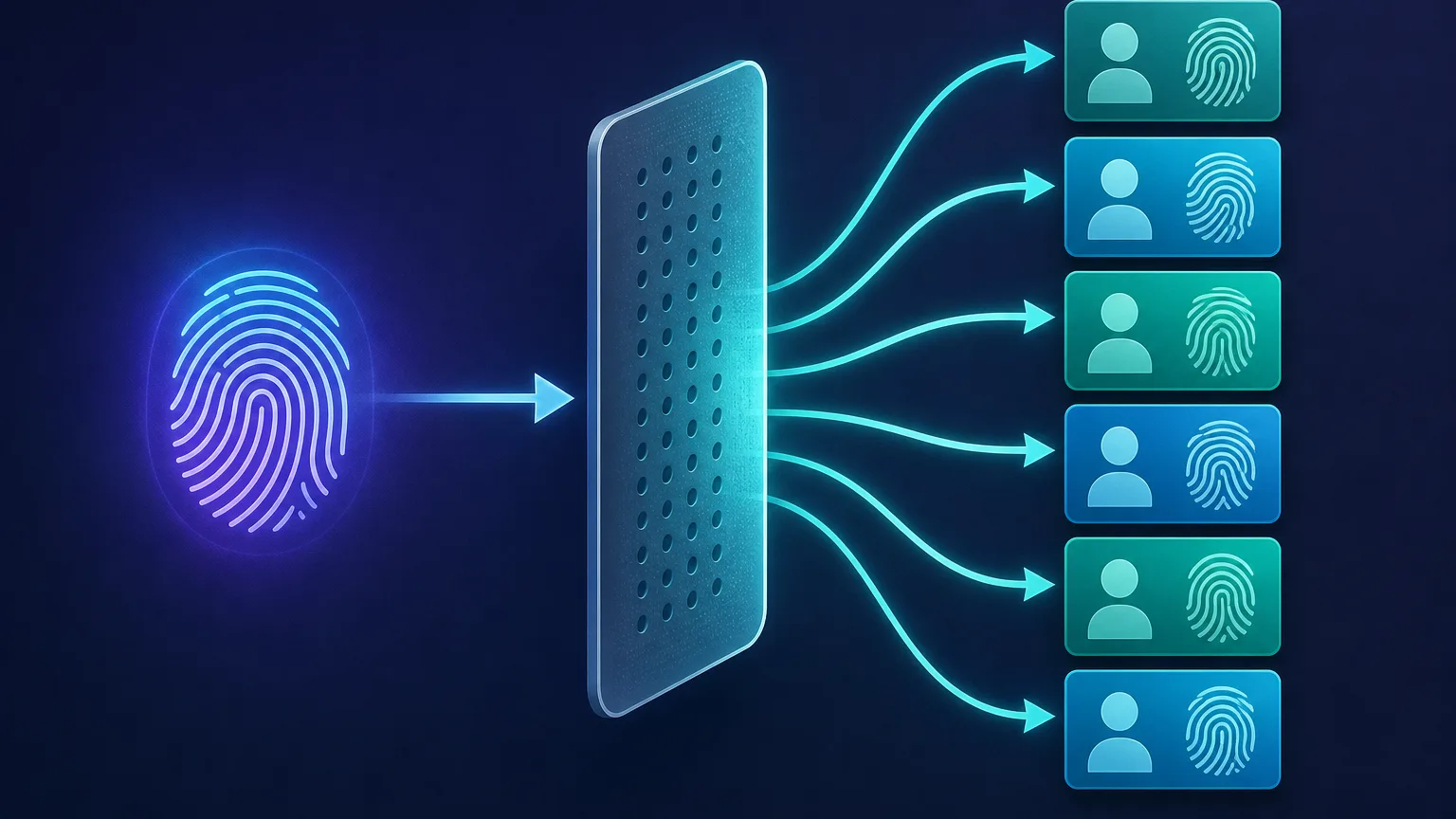 A single device fingerprint passing through a masking layer and emerging as several distinct anonymous identity cards, showing one real device turned into many unique spoofed profiles