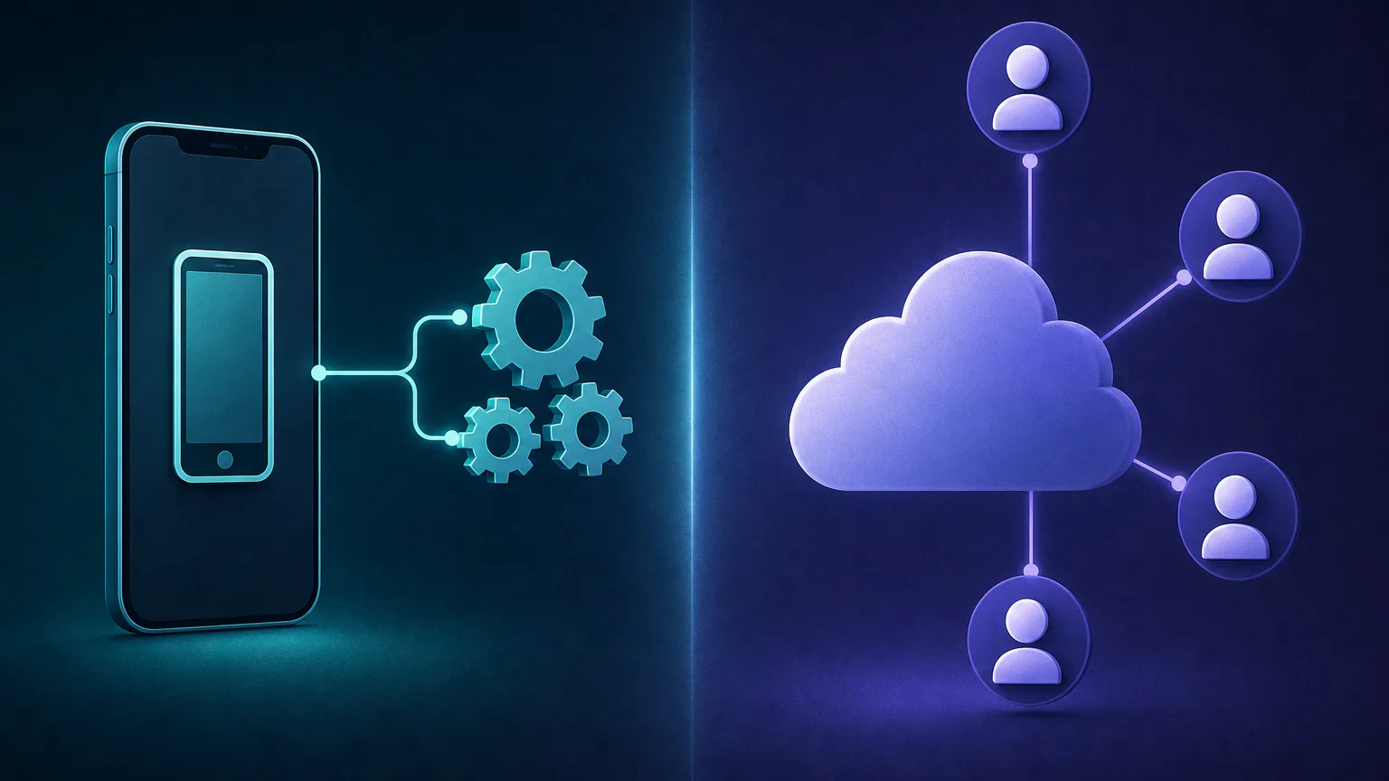 A two-sided split diagram contrasting a phone with automation gears on the left against a cloud linked to several team members on the right