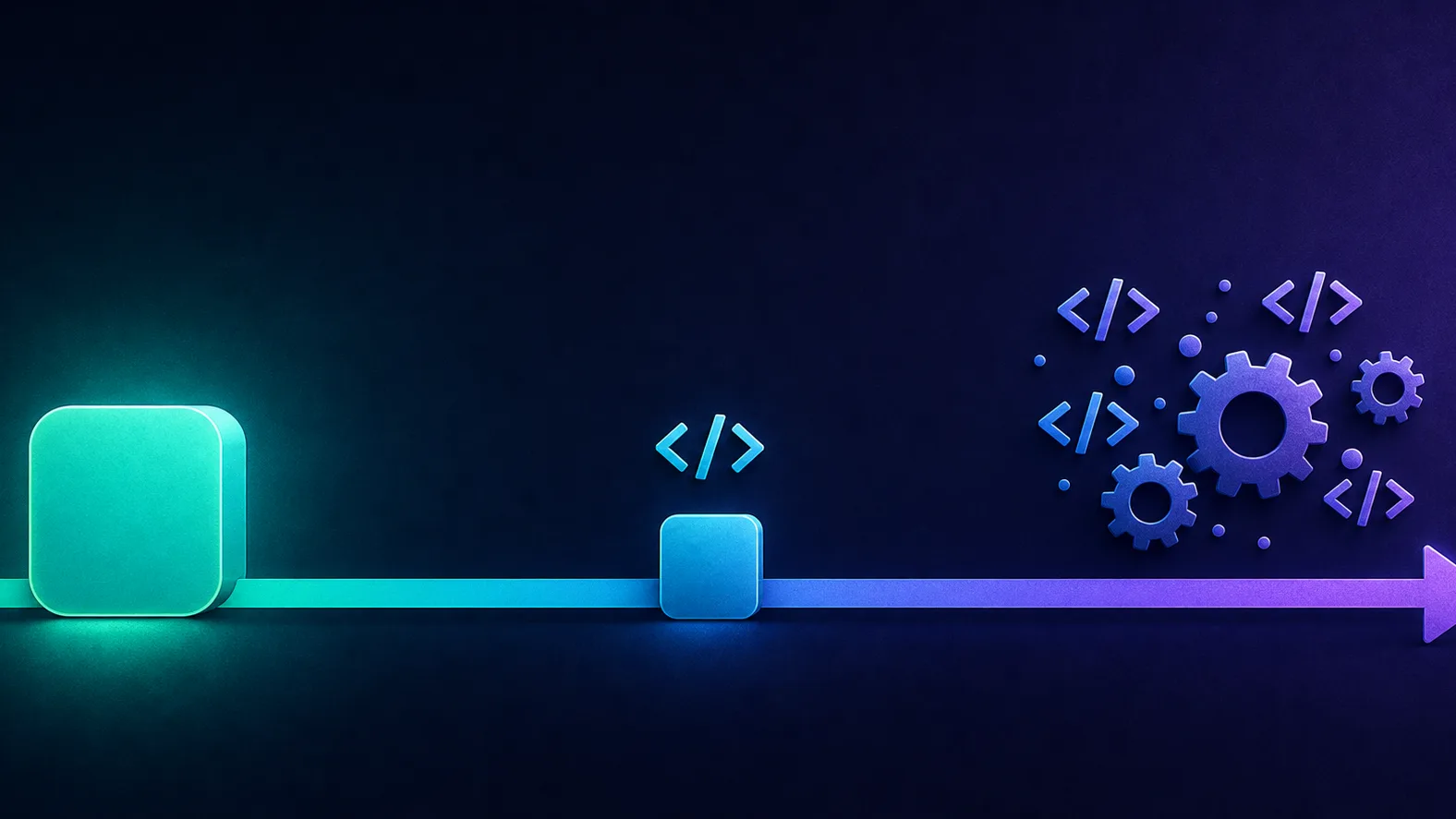 A left-to-right spectrum from a simple single drag-and-drop block (no-code) through a hybrid block-and-code (low-code) to a complex code-and-gears structure (traditional), showing increasing control and complexity