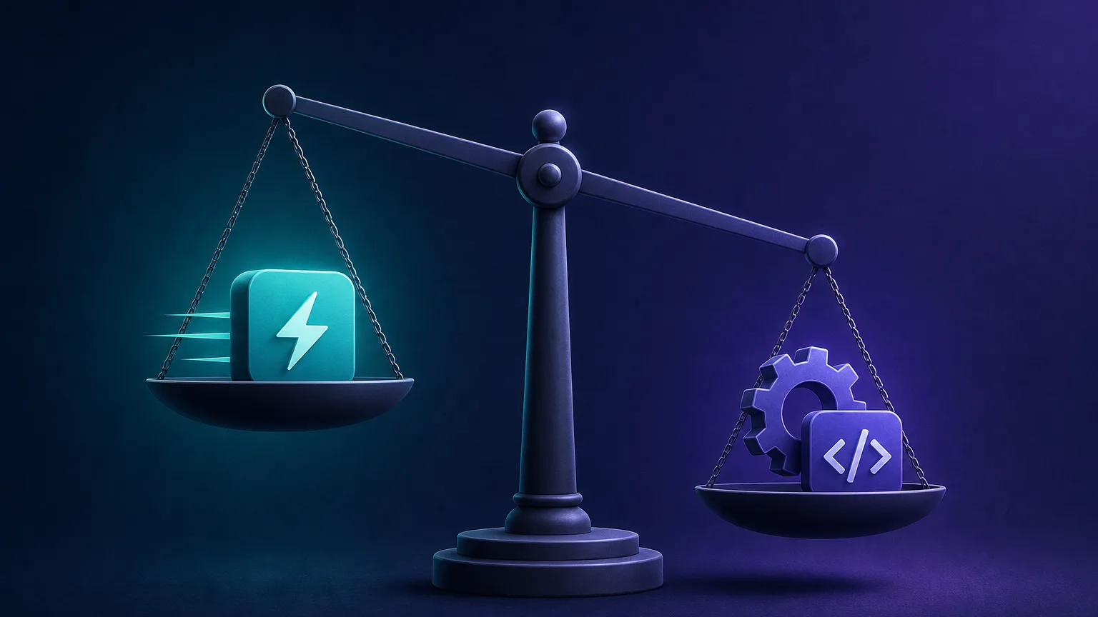 A balance scale weighing speed and simplicity against control and flexibility, illustrating the core trade-off between the three approaches