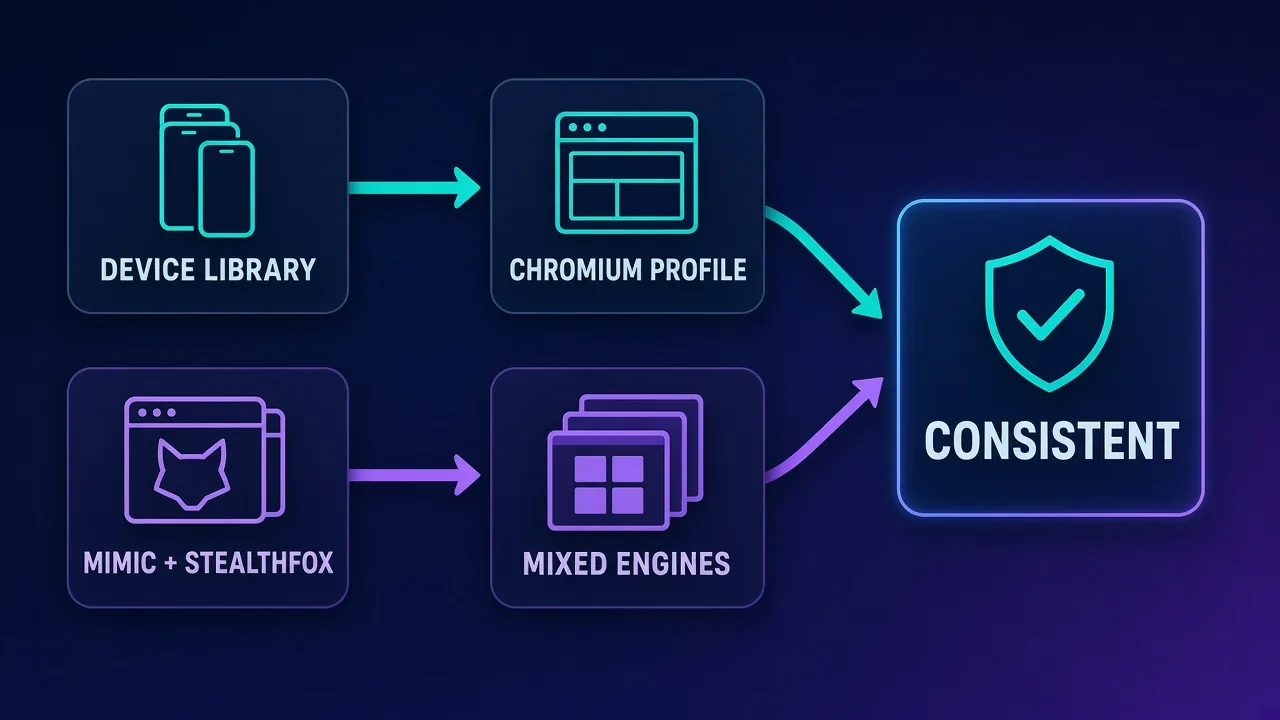 How each browser builds fingerprints Flowchart: DEVICE LIBRARY to CHROMIUM PROFILE, and MIMIC and STEALTHFOX to MIXED ENGINES, both ending at CONSISTENT