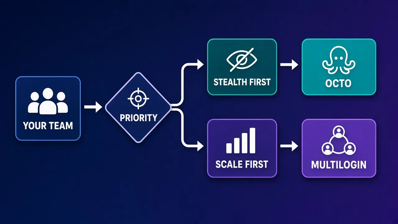 Choosing between Octo and Multilogin Decision flowchart: YOUR TEAM to PRIORITY, splitting to STEALTH FIRST then OCTO, or SCALE FIRST then MULTILOGIN