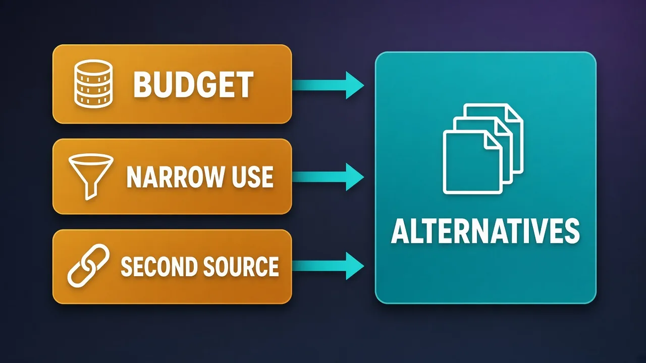 Decision flowchart When to leave with labels Budget, Narrow Use, Second Source leading to Alternatives