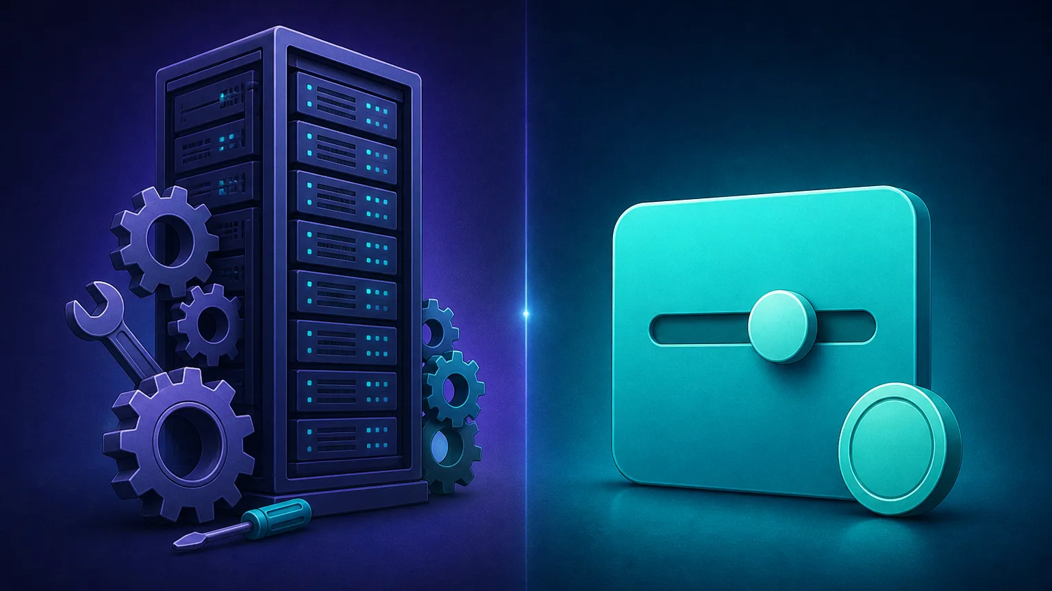 A two-sided split diagram contrasting Oxylabs as enterprise scale and tooling (a tall server stack with gears) against Decodo as value and simplicity (a friendly dashboard panel with a coin)