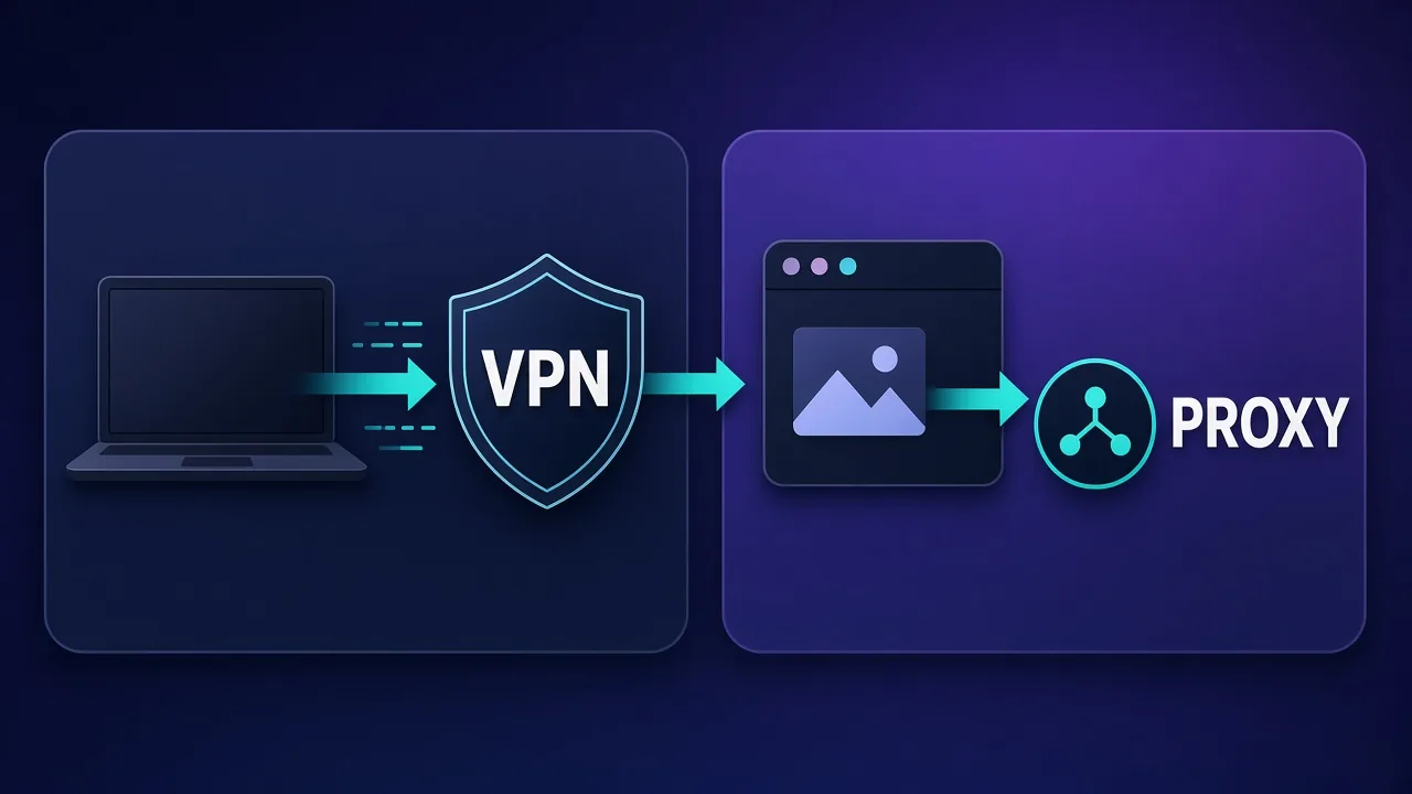 Split diagram showing VPN device tunnel versus proxy app-level forwarding with labels VPN and PROXY
