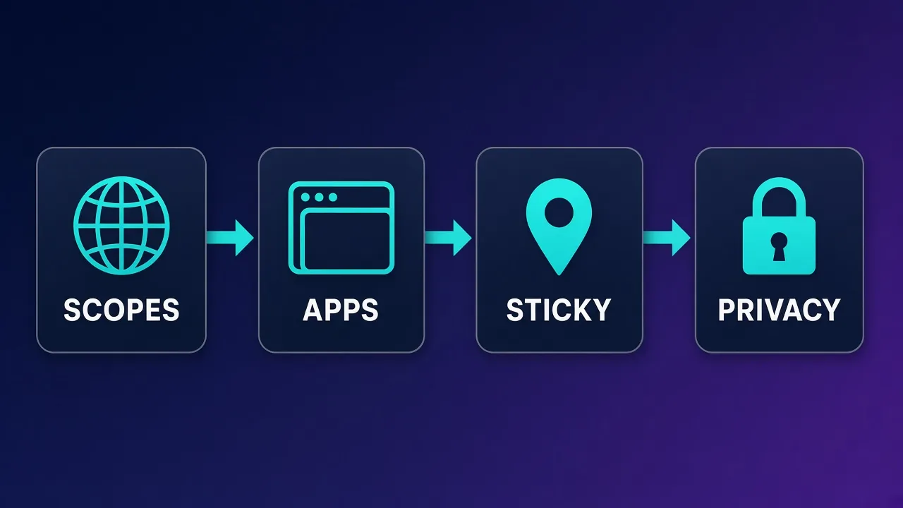 Four-step flowchart labeled SCOPES APPS STICKY PRIVACY for choosing proxy or VPN