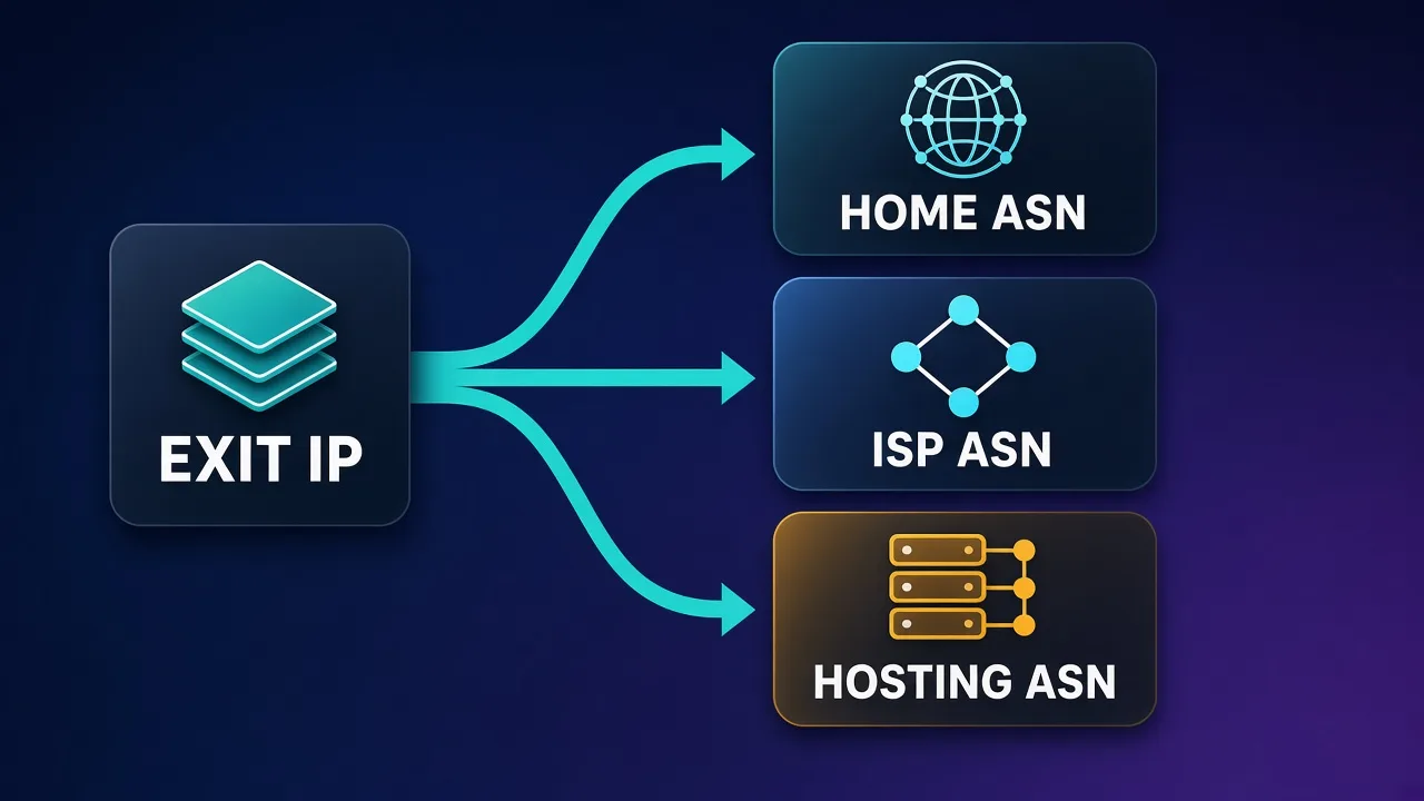 Diagram comparing exit IP sources: datacenter hosting ASN, residential consumer peers, and ISP static residential on carrier ranges