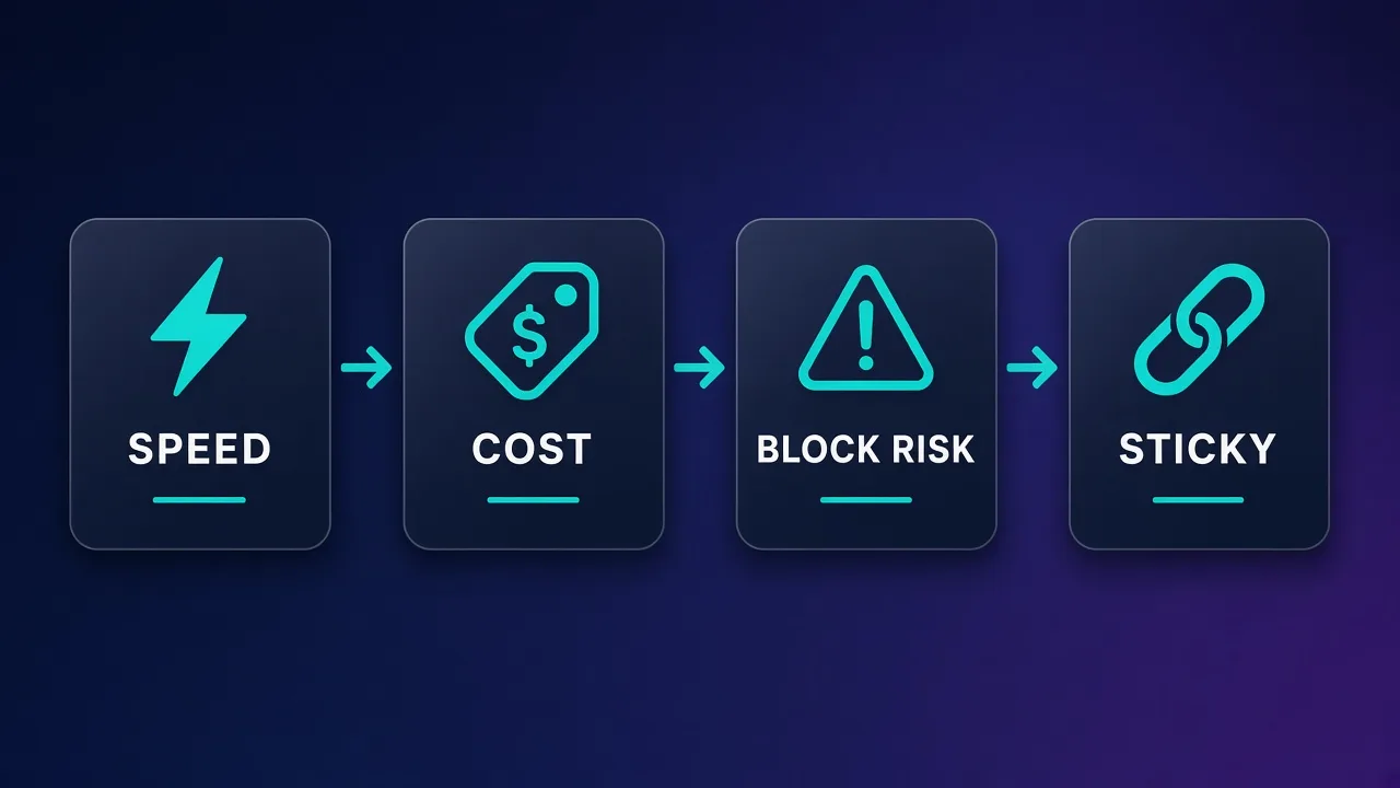 Comparison panel of datacenter, residential, and ISP proxies across speed, cost model, block risk, and sticky session fit
