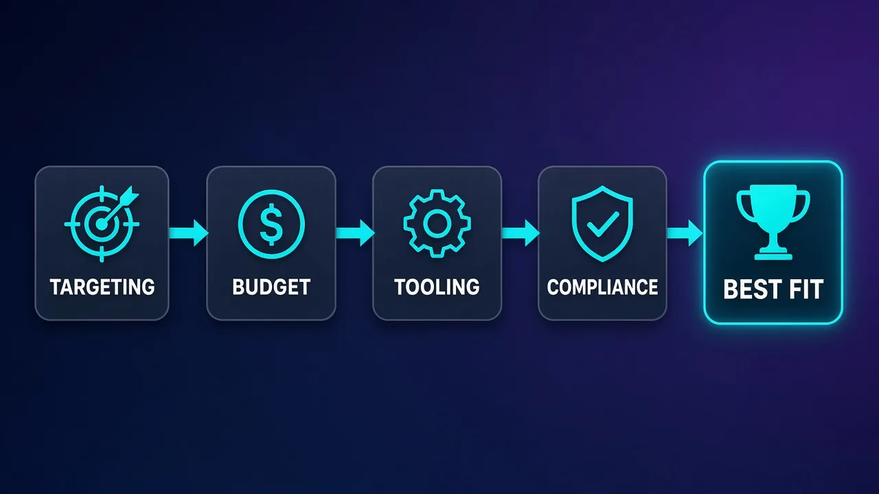 Flowchart with four rounded cards connected by arrows: a target icon labeled TARGETING, a coin icon labeled BUDGET, a gear icon labeled TOOLING, and a shield icon labeled COMPLIANCE, ending at a trophy labeled BEST FIT