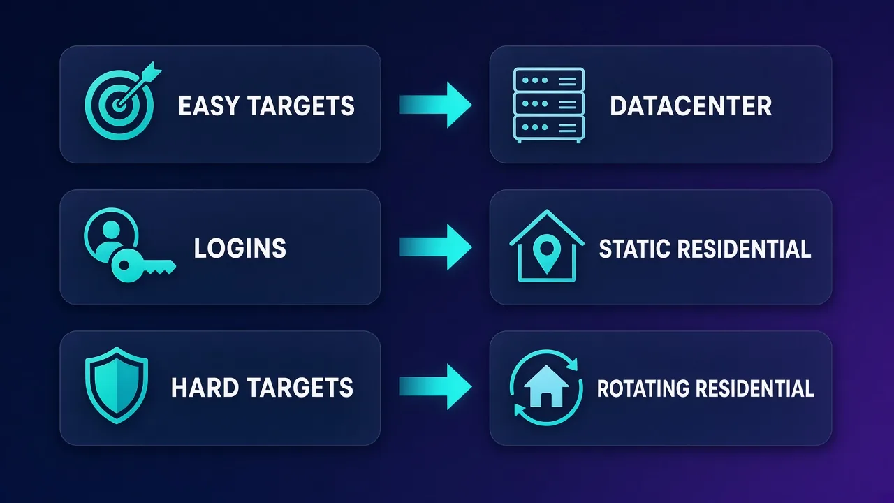 EASY TARGETS to DATACENTER, LOGINS to STATIC RESIDENTIAL, HARD TARGETS to ROTATING RESIDENTIAL