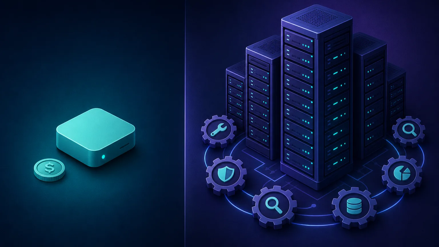 A two-sided split diagram contrasting a small simple budget proxy box with a coin against a large enterprise server network with tooling gears