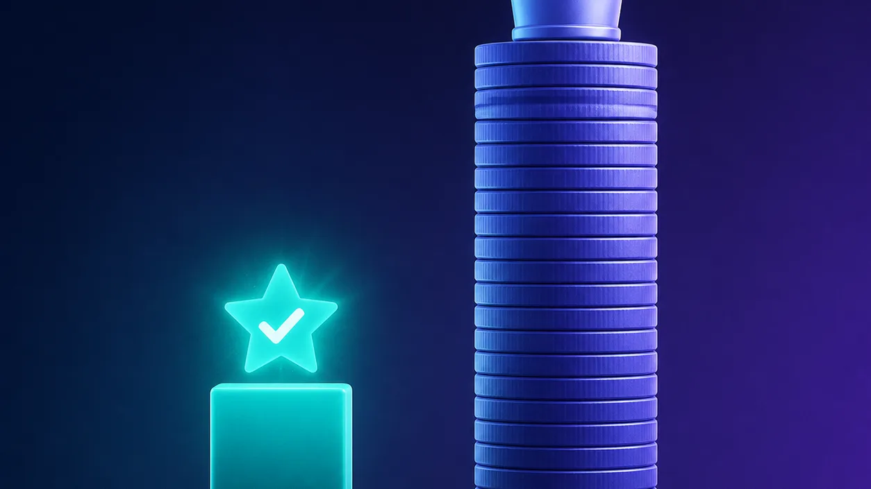 A diagram of two price bars: a short flat-rate bar for Webshare crowned with a value star and a tall usage-based premium bar for Bright Data