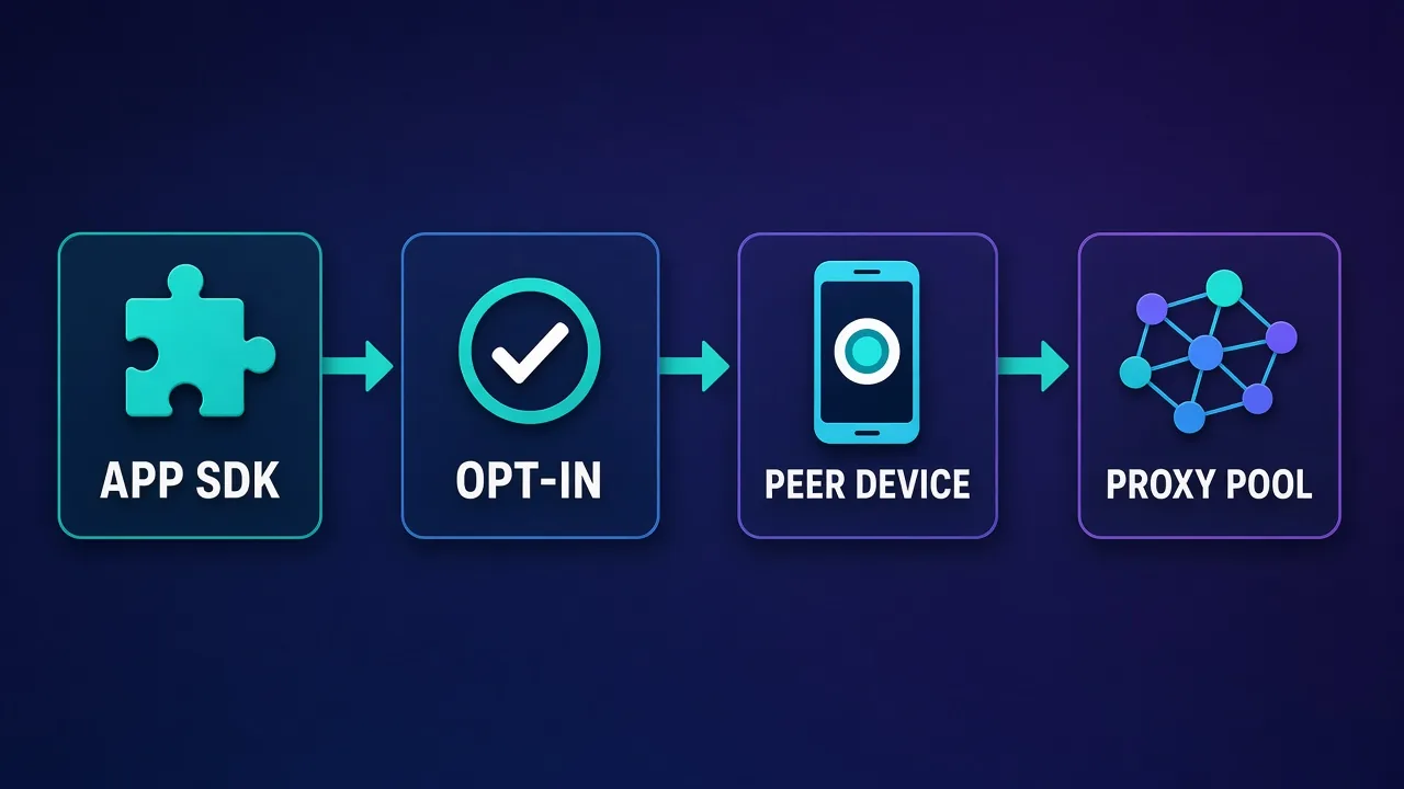 Flow diagram of residential proxy sourcing: APP SDK leads to OPT-IN on a PEER DEVICE, which feeds a PROXY POOL