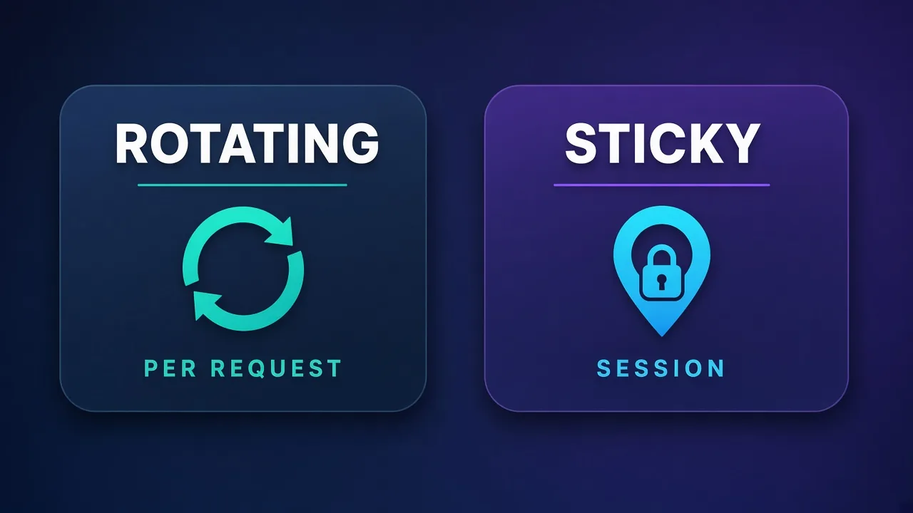 Split comparison of ROTATING residential proxies labeled PER REQUEST versus STICKY residential proxies labeled SESSION