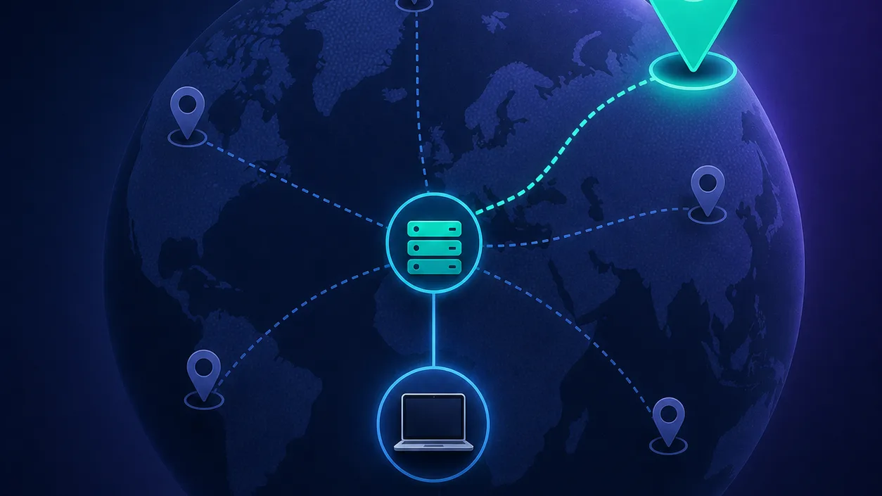 A device routing through a central proxy node out to several country pins on a stylised globe, with one target location pin highlighted while the others stay dim
