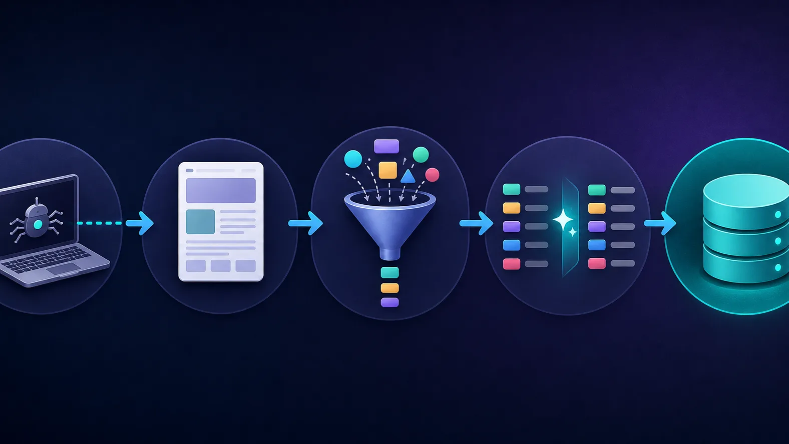 Five-stage left-to-right flow diagram of the web scraping pipeline: send request, receive HTML response, parse and extract fields, clean and transform, and store the structured records in a database