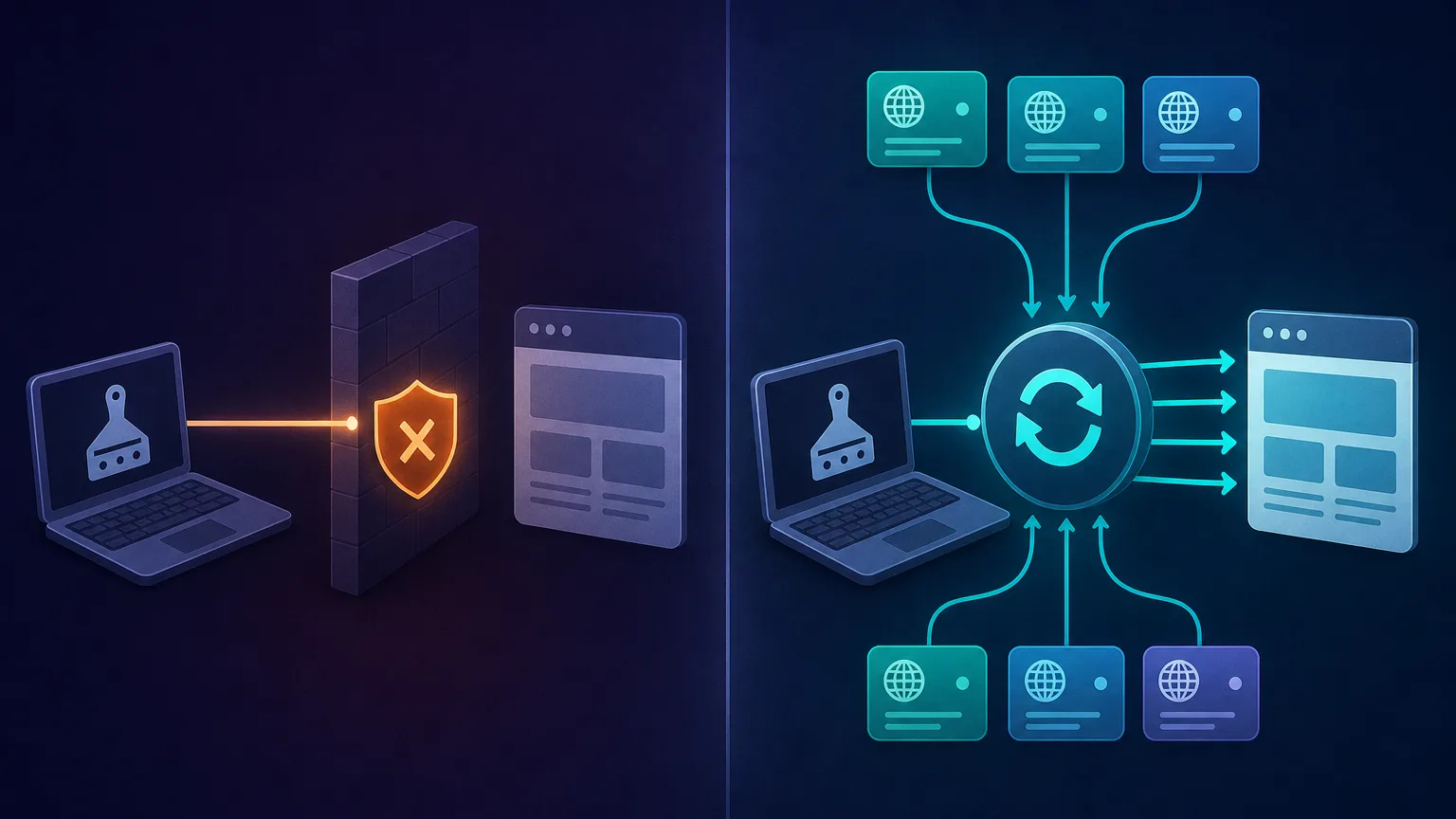 Before and after split diagram: on the left a single scraper blocked by a barrier when using one IP address, on the right the same scraper succeeding by routing through a rotating proxy pool of multiple IP addresses to reach the website
