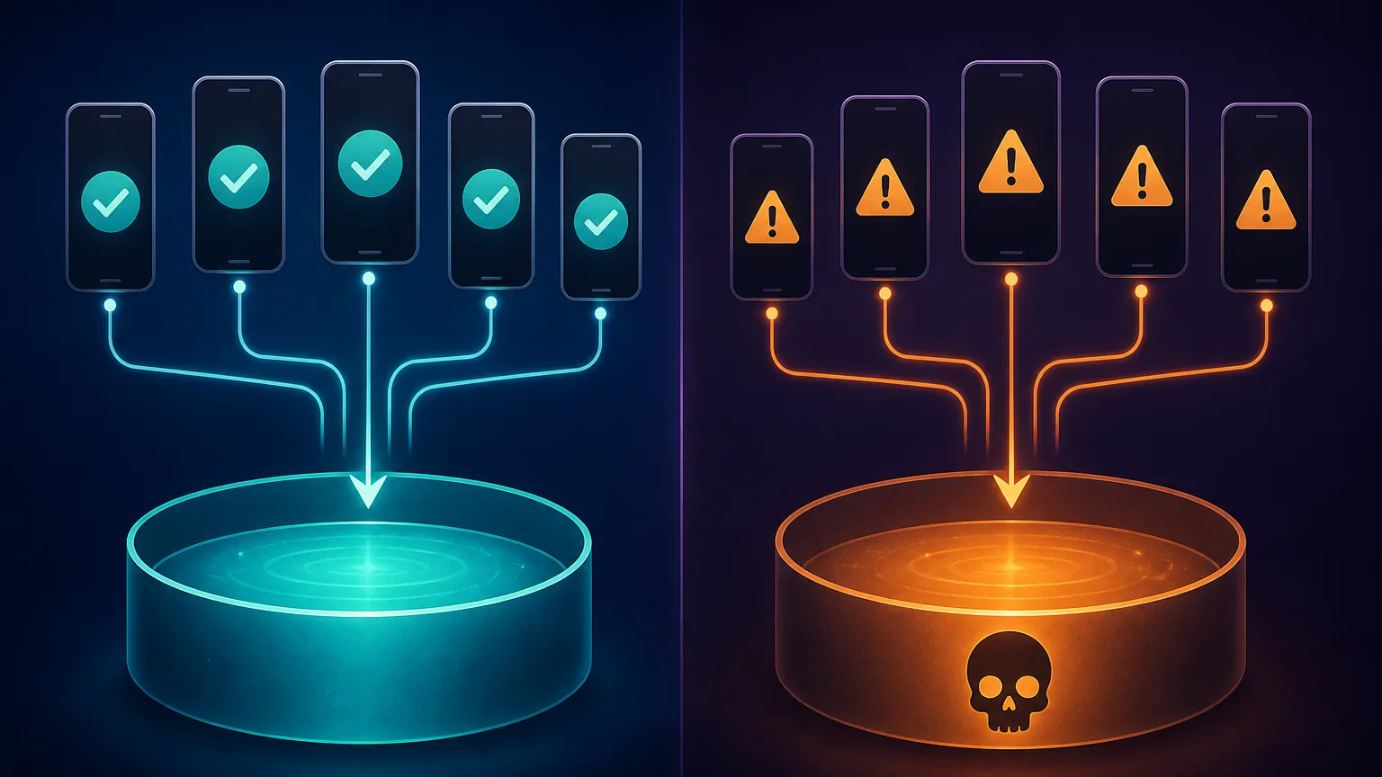 A two-path diagram contrasting ethical consent-based IP sourcing, where users opt in and feed a clean pool, against an illicit path where hijacked devices feed a flagged pool