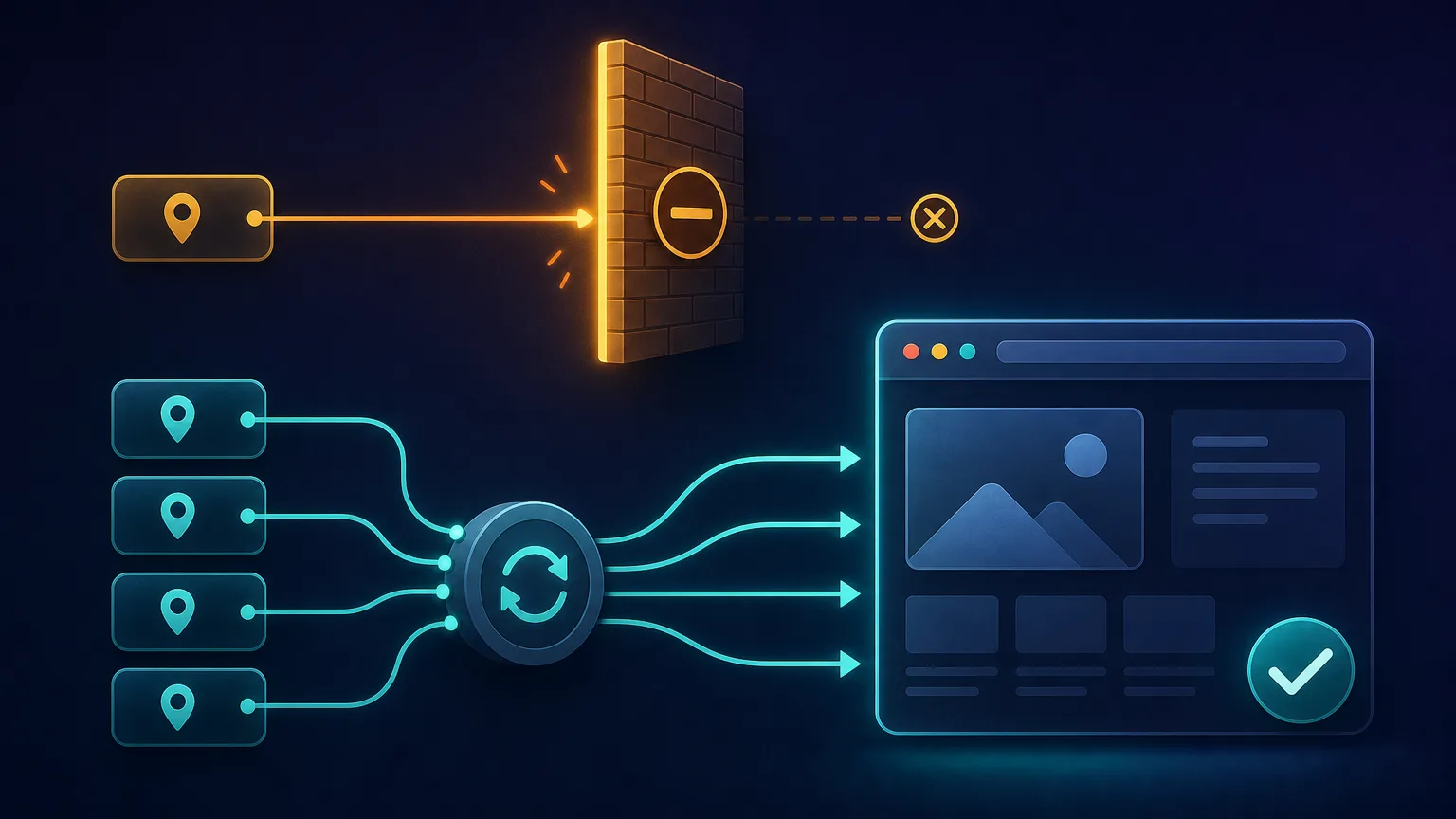 A two-path diagram: a single datacenter IP blocked by a barrier versus a rotating pool of clean residential IPs passing through to the website